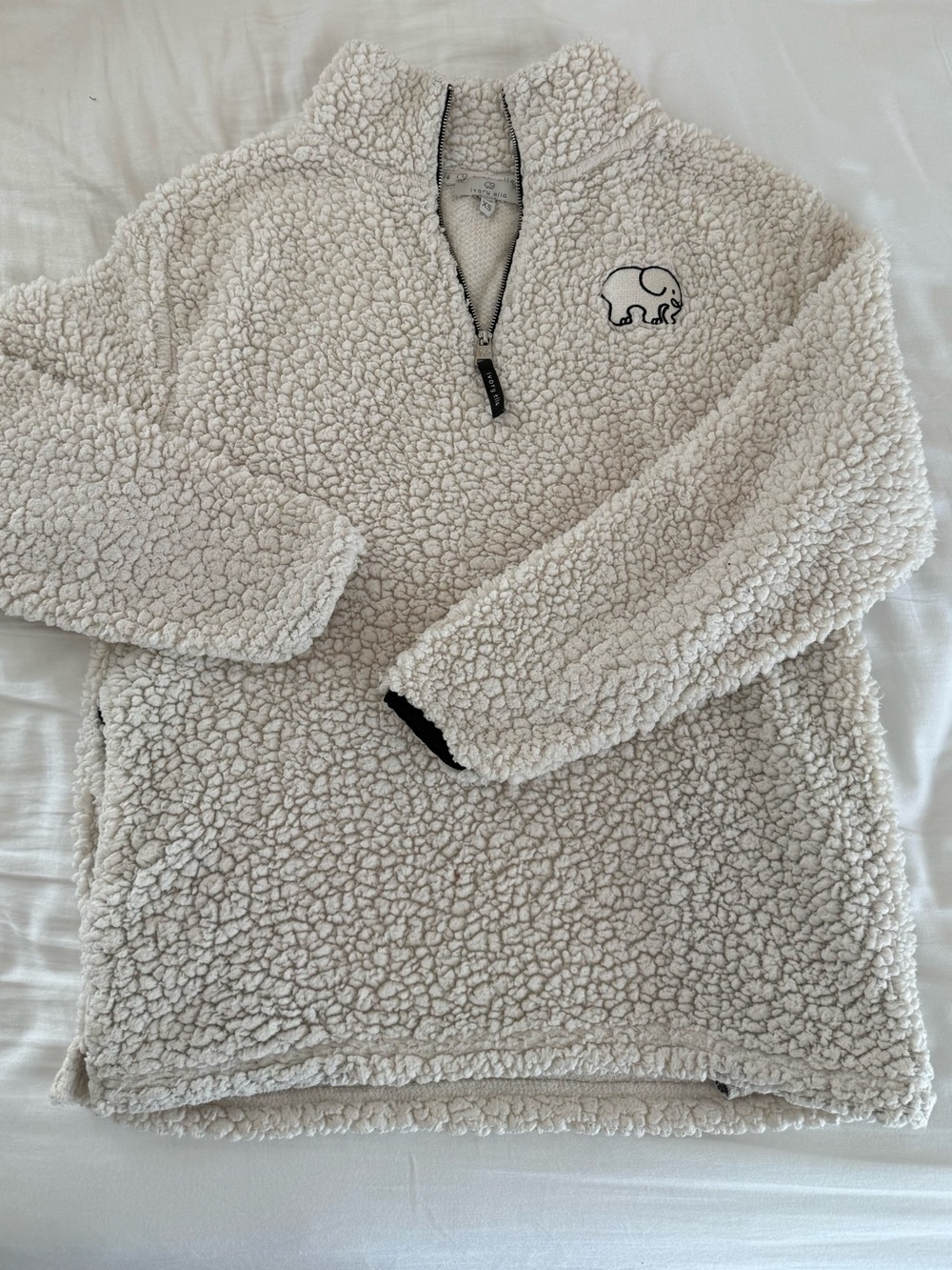Ivory Ella Cream Sherpa Zip Pullover with Elephant Tag